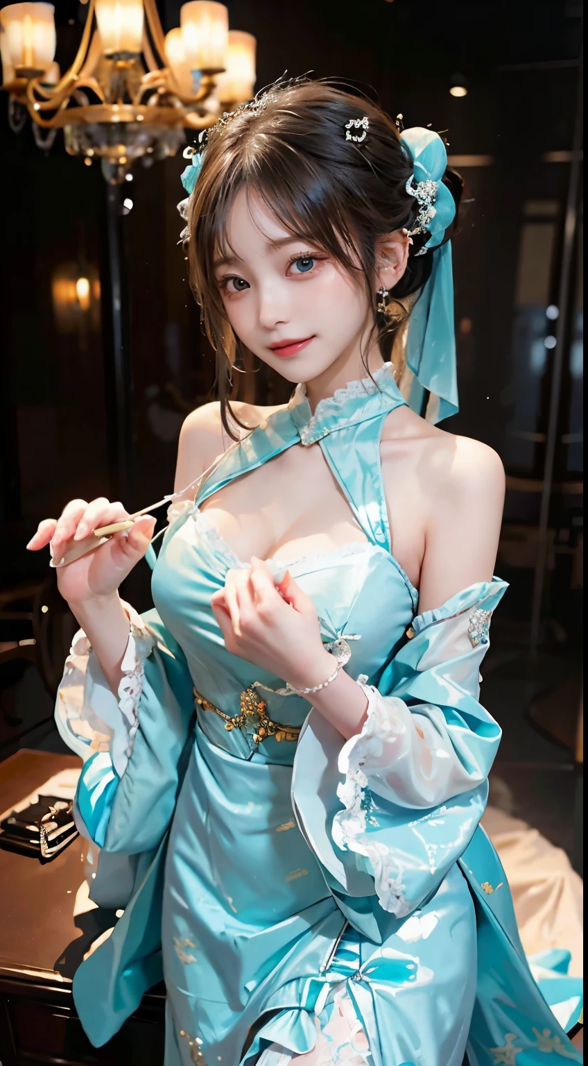 with gentle music、Beautiful woman showing off her Hatsune Miku cosplay。her clothes are modest、A colorful dress wraps her in elegance。wide sleeves、Elegantly decorated with frills and lace。her hair shines turquoise、Twin tails are swaying。She smiles and shines a beautiful light in the lighting、There's a passion for music in those eyes.。Her pose on stage is elegant.、While minimizing exposure、Her charm shines quietly。