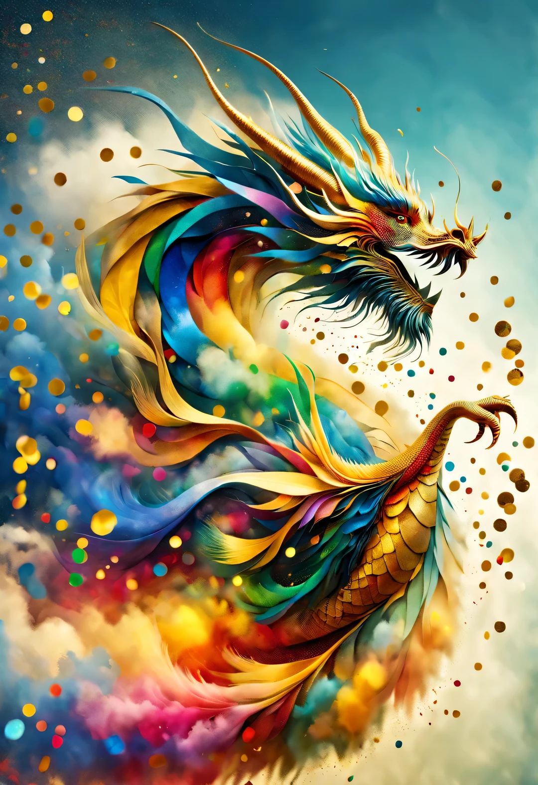 (Confetti fired by giant golden dragon），Confetti flying like the wind，in the style of christian schlow, beautiful details，Long range shooting，whole body，elevation angle，，