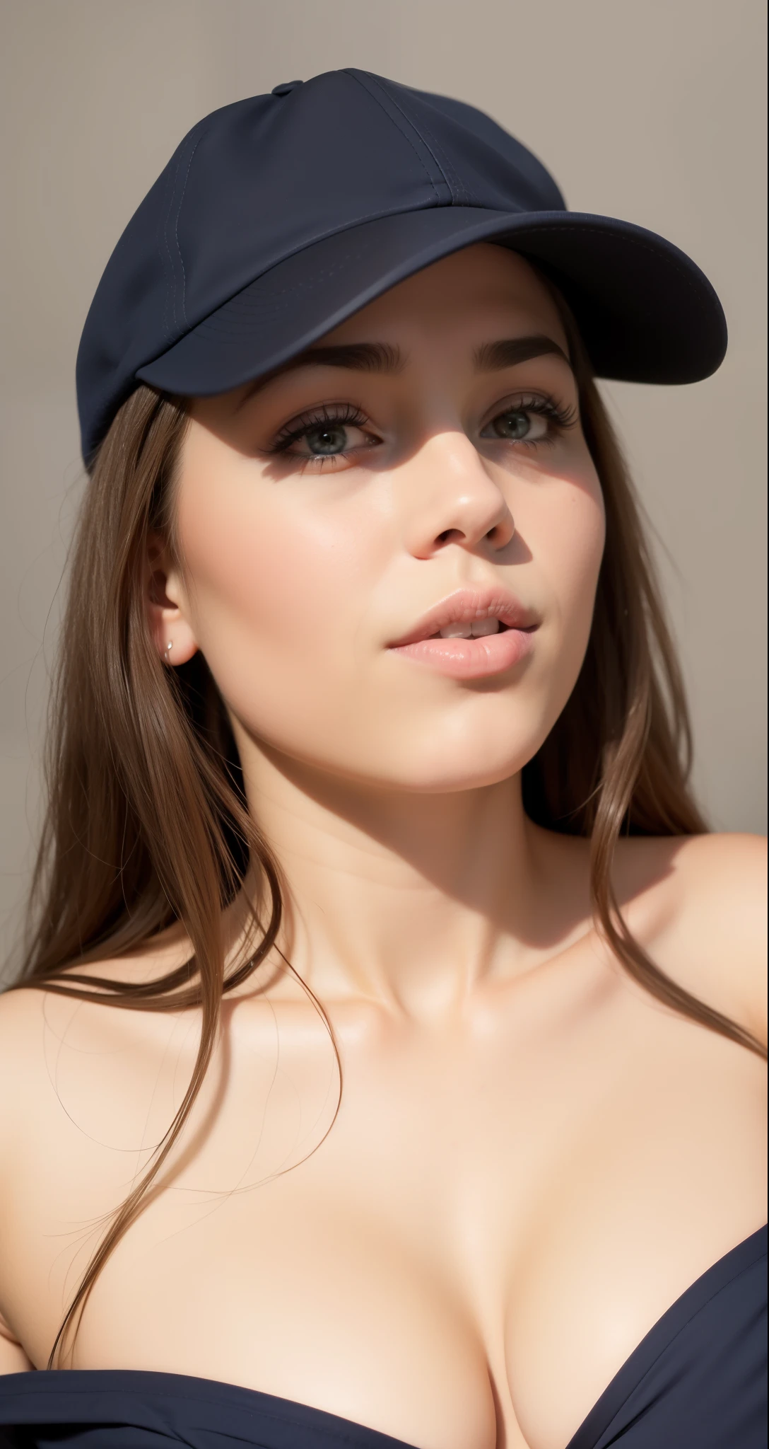 A closeup of a woman wearing a hat and a bra, wearing a cute hat, wearing a choker and a cute hat, she is wearing a hat, sem maquiagem, wearing a navy blue utility cap, wearing a baseball hat, mostrando o rosto dela, rosto sexy, wearing a baseball cap, with hat, wearing a baseball cap, is wearing a cute little hat