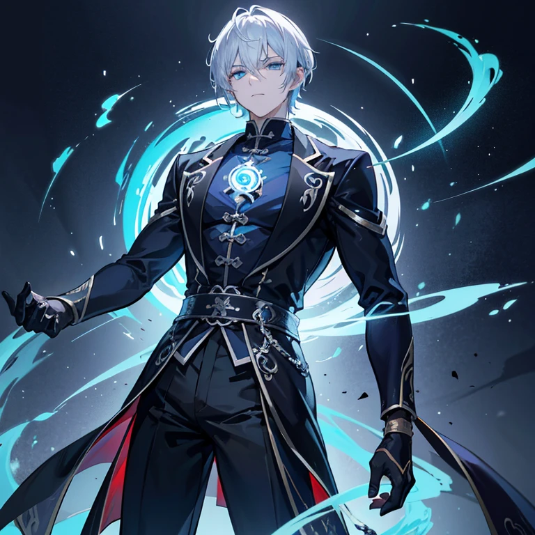Gorgeous dark atmosphere, 8k ,A man artwork of a man with gray hair and glowing blue eyes, short hair,Feng Shui master,Five elements of yin and yang,Huanglong.,Two-dimensional image,anime characters,The crotch is very big