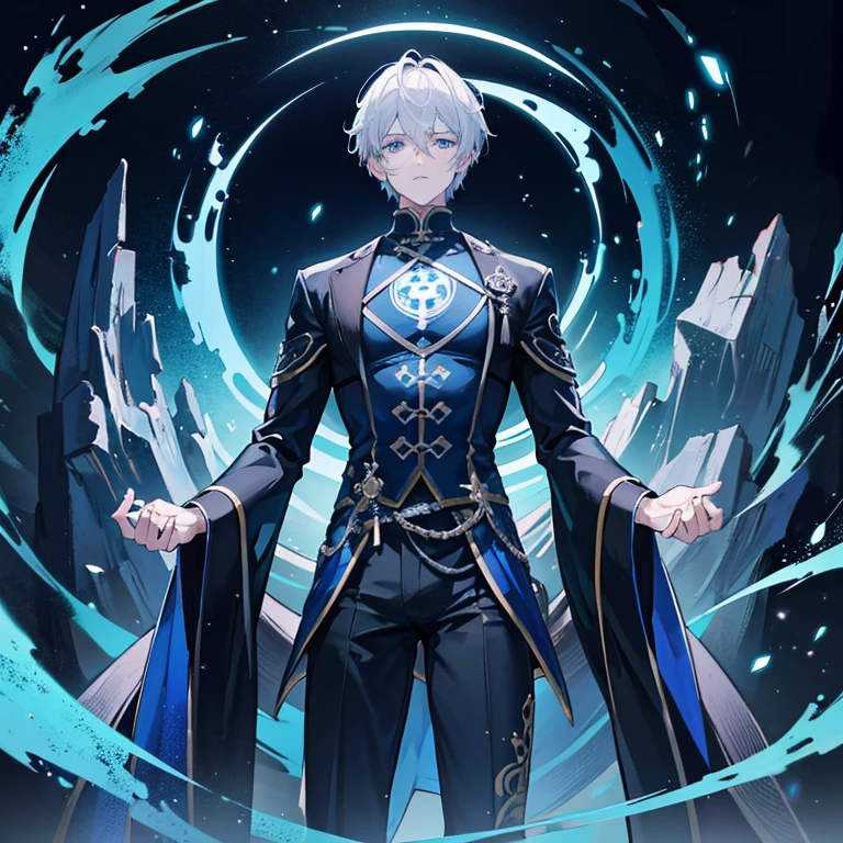 Gorgeous dark atmosphere, 8k ,A man artwork of a man with gray hair and glowing blue eyes, short hair,Feng Shui master,Five elements of yin and yang,Huanglong.,Two-dimensional image,anime characters,The crotch is very big