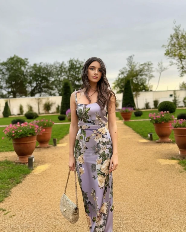 Join a glamorous soiree on a vineyard terrace, onde uma mulher elegantemente vestida com roupas inspiradas em uvas se mistura com os convidados. Os ricos tons de roxo e verde das uvas e folhas de videira contribuem para a atmosfera sofisticada.