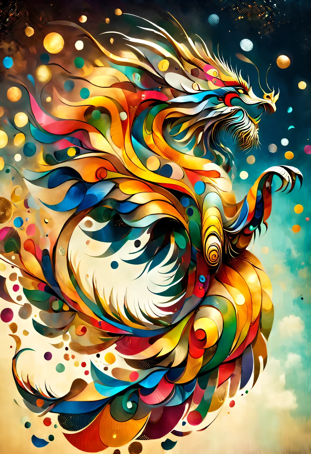 (Confetti fired by giant golden dragon），Confetti flying like the wind，in the style of christian schlow, beautiful details，Long range shooting，whole body，elevation angle，The art of paper，