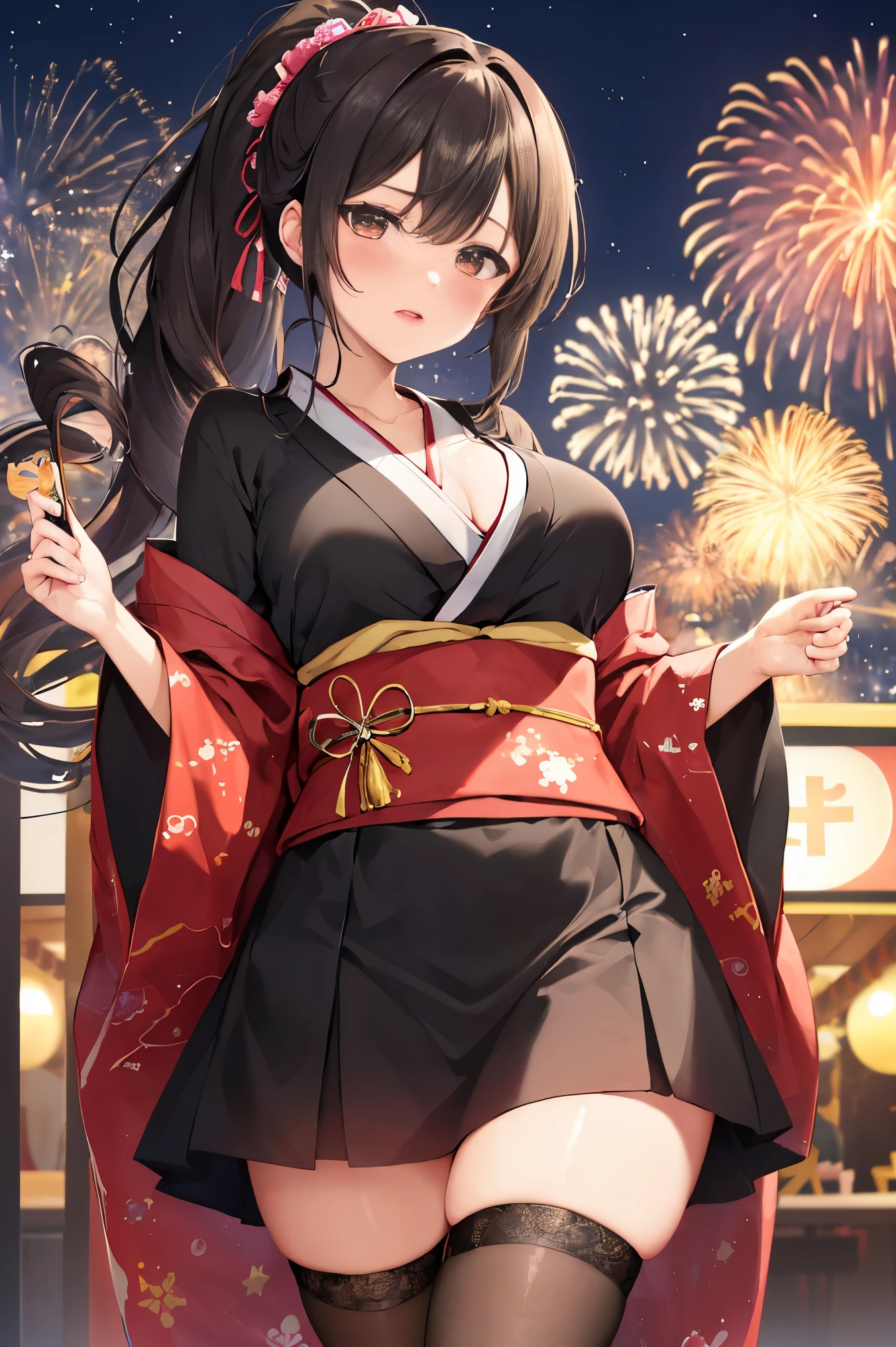"anime girl, 1 person, dark brown hair, ponytail, ponytail, hairpin, brown eyes, kimono, dark brown kimono, elaborate patterned outfit, stockings, large breasts, blushing  , solo, view from different directions, night, festival, New Year's Eve fireworks, watch fireworks (full HD Image 4K+)"