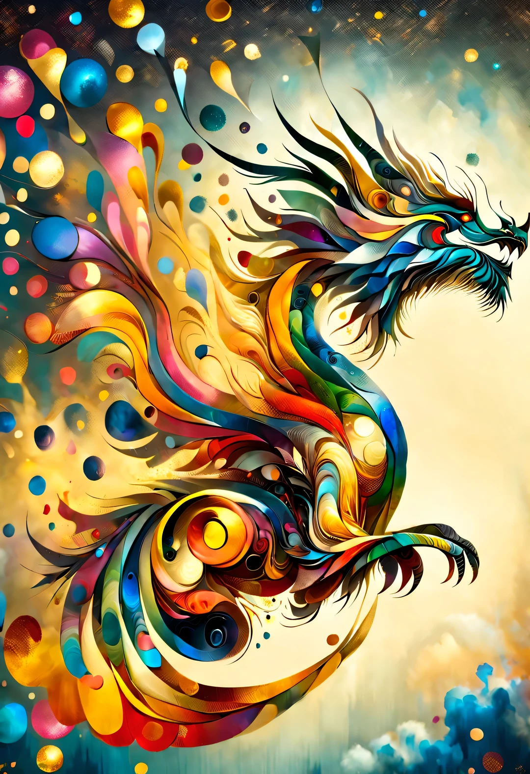 (Confetti fired by giant golden dragon），Confetti flying like the wind，in the style of christian schlow, beautiful details，Long range shooting，whole body，elevation angle，The art of paper，