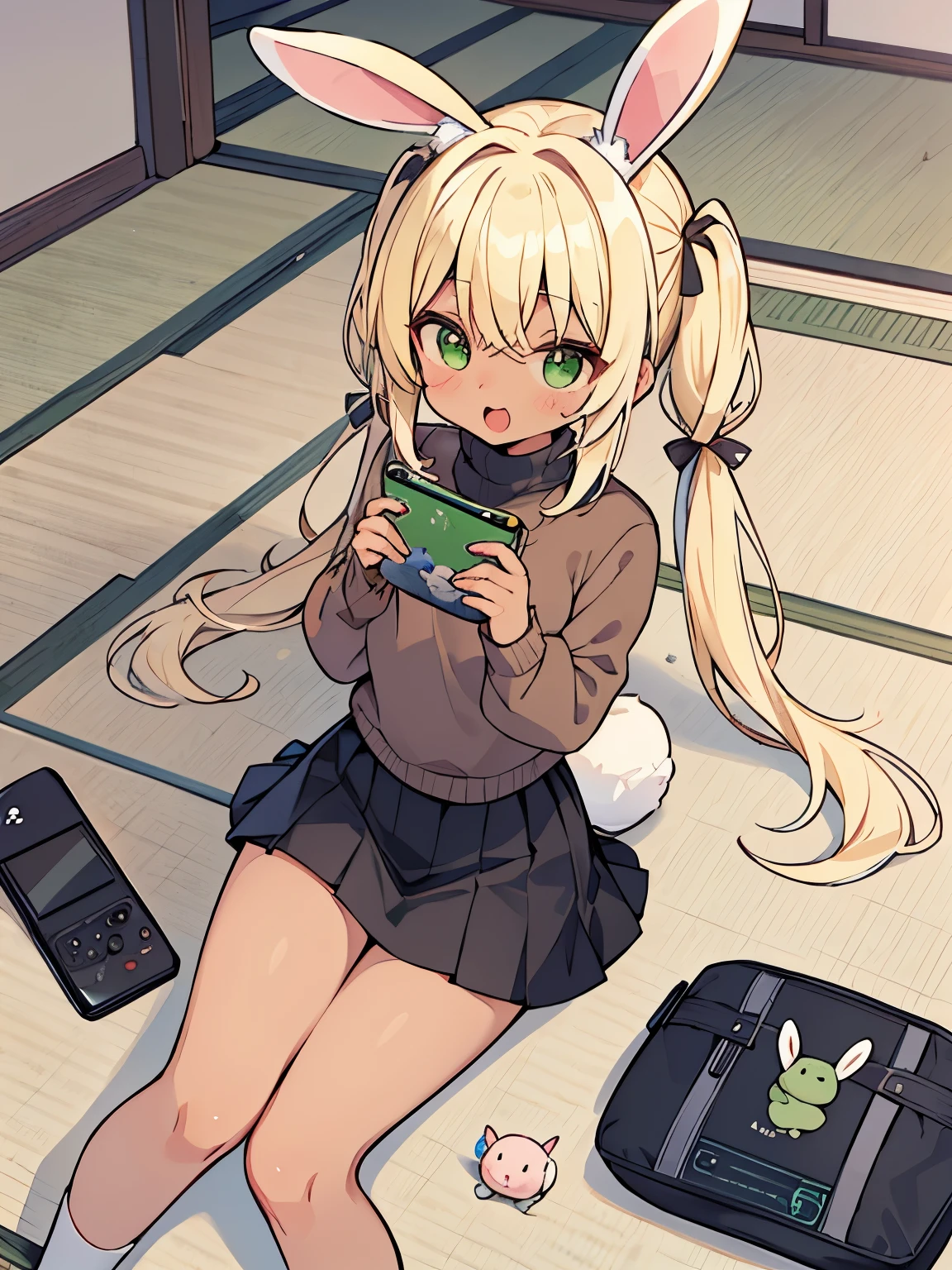 cute, tatami, blonde, green eyes, brown skin, rabbit ears,Rabbit, twin tails, black turtleneck and white skirt, portable game console, It's rolling around, I'm playing a game, Tsundere, たくさんのRabbit, Deformed