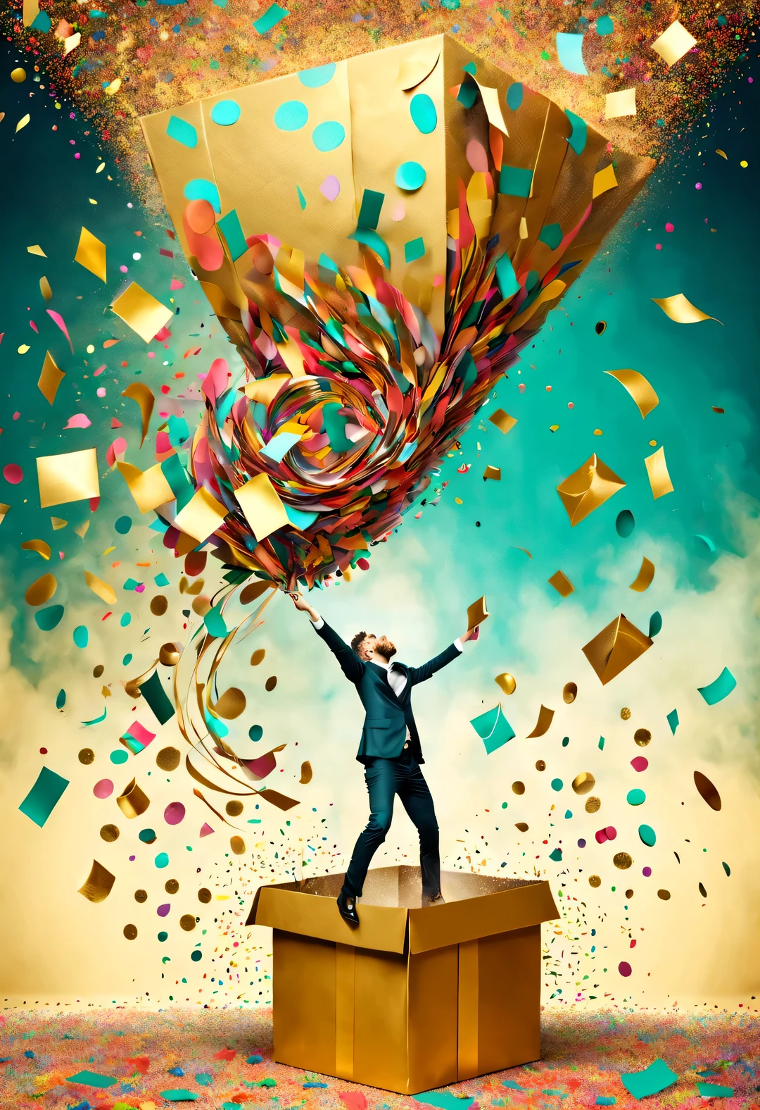 (Confetti fired from a giant golden gift box），Confetti flying like the wind，in the style of christian schlow, beautiful details，Long range shooting，whole body，elevation angle，The art of paper，