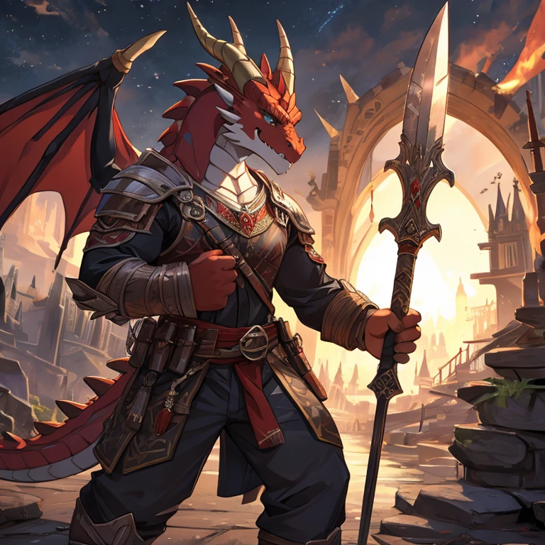 dragon，Wood color，horn，scales，background red，brandishing a weapon，Detailed character details