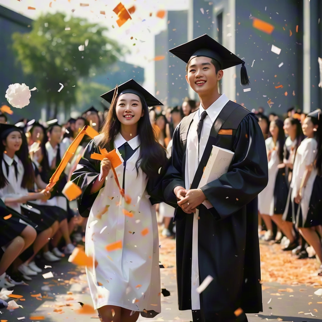 At the graduation ceremony, college students dressed neatly in their graduation uniforms, with colorful paper scraps falling from the sky