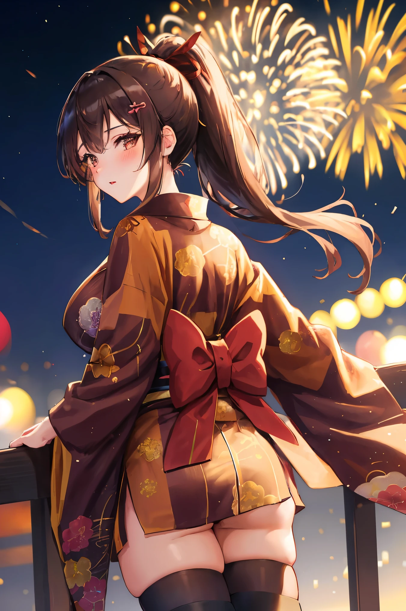 "anime girl, 1 person, dark brown hair, ponytail, ponytail, hairpin, brown eyes, kimono, dark brown kimono, elaborate patterned outfit, stockings, large breasts, blushing , solo, view from different directions, night, festival, New Year's Eve fireworks, watch fireworks (full HD Image 4K+)"
