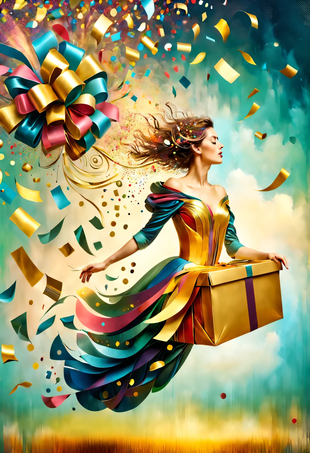 (Confetti fired from a giant golden gift box），Confetti flying like the wind，in the style of christian schlow, beautiful details，Long range shooting，whole body，elevation angle，The art of paper，