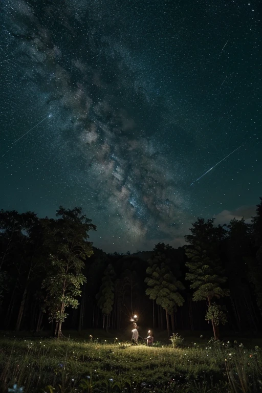 uma floresta com um campo estrelado com estrelas cadentes  de  noite com 2 s e dois menino