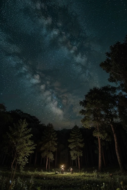uma floresta com um campo estrelado com estrelas cadentes  de  noite com 2 meninas e dois meninos 