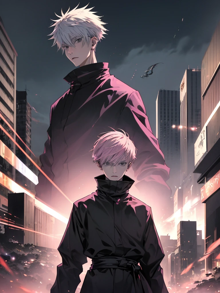 (masterpiece), best quality, highest quality, man, teenager, tall man, short pink hair cut, black eye, white kimono with black skirt and overcoat, katana in hands, cursed spirits in the background, Jakarta city background, Dark Monster in the backgorund