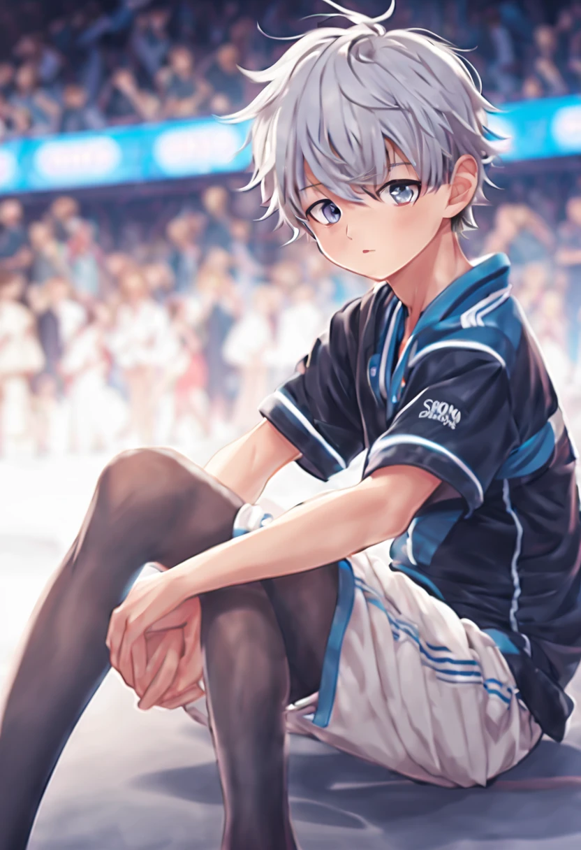 masterpiece,best quality,8K quality,unparalleled clarity,best strokes,full body character,panoramic, delicate face,Fine fingers,Telephoto lens of a boy,sports student,Handsome boy,Lovely,,Shota,abdominal muscles(0.5),anime characters,heterochromatic eyes,look at the audience,sneering,male focus,Gray hair is messy,Wear black pantyhose,Pure desire,Clear background image