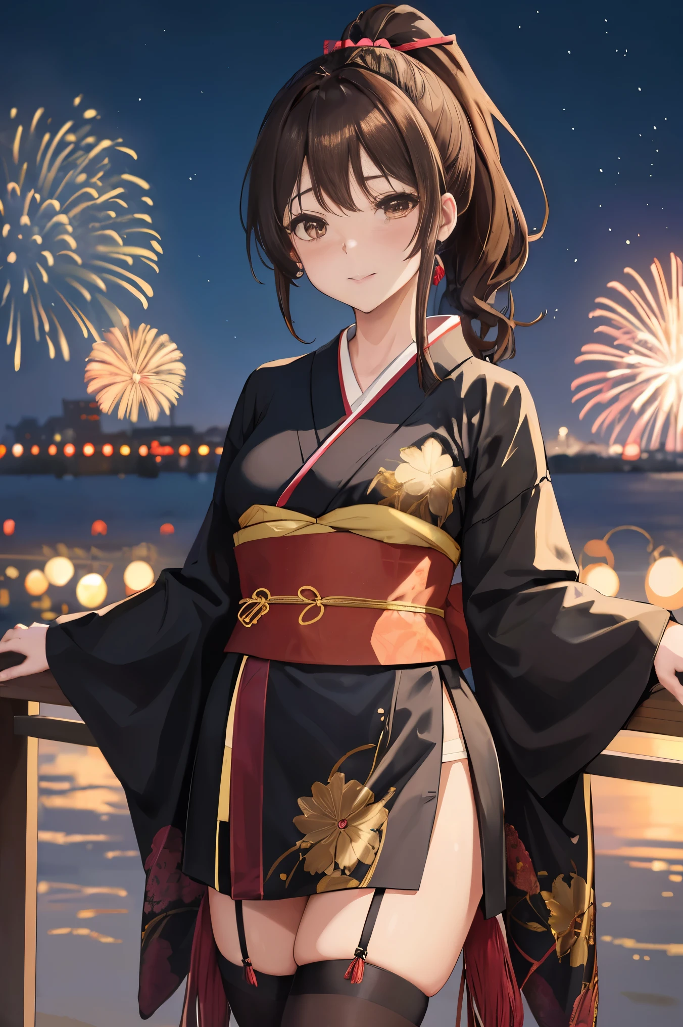 "anime girl, 1 person, dark brown hair, ponytail, ponytail, hairpin, brown eyes, kimono, dark brown kimono, elaborate patterned outfit, stockings, large breasts, blushing , solo, view from different directions, night, festival, New Year's Eve fireworks, watch fireworks (full HD Image 4K+)"
