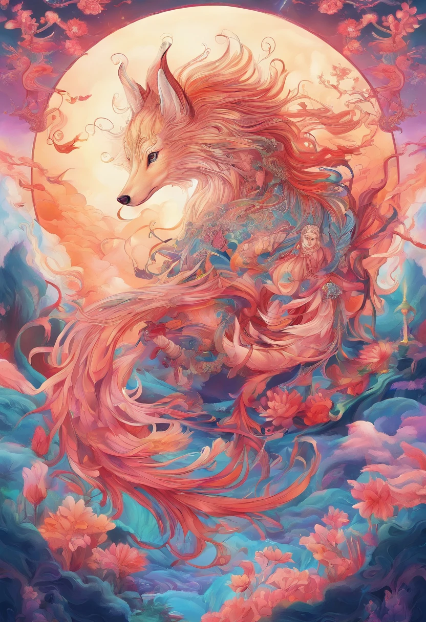 mythical creatures,((The nine-tailed fox in Chinese mythology)),Chinese traditional elements,mural,Illustrative myths,Fuyao Legend,Dappled light,Hazy haze,Mysterious aura,masterpiece,HD,colorful,detailed details,Seven colors