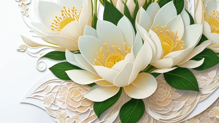 (masterpiece), ((best quality)), 8k, high detailed, ultra-detailed, A stunning artwork of white flowers blooming against a lush green background. The delicate petals of the flowers are intricately depicted in layered paper art, each layer showcasing the yellow buds as they gradually unfurl. The artwork is further enhanced by the paper plastic technique, adding depth and texture to the flowers. The artistry extends to the details of the flower stalks and leaves, all rendered with fine art precision. The flowers themselves are in full bloom, surrounded by an array of buds waiting to open. The artwork captures every detail, from the veins on the leaves to the delicate folds of the