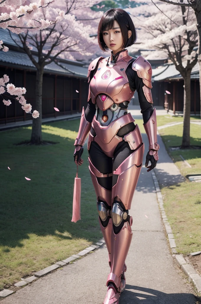 (((full body photo))) beautiful japanese young woman, wearing cyborg armor, thick symmetrical features, very short hair, background is cherry blossoms, pink aura, red lips, octane render,