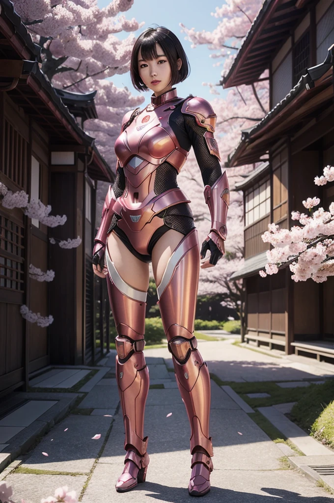 (((full body photo))) beautiful japanese young woman, wearing cyborg armor, thick symmetrical features, very short hair, background is cherry blossoms, pink aura, red lips, octane render,
