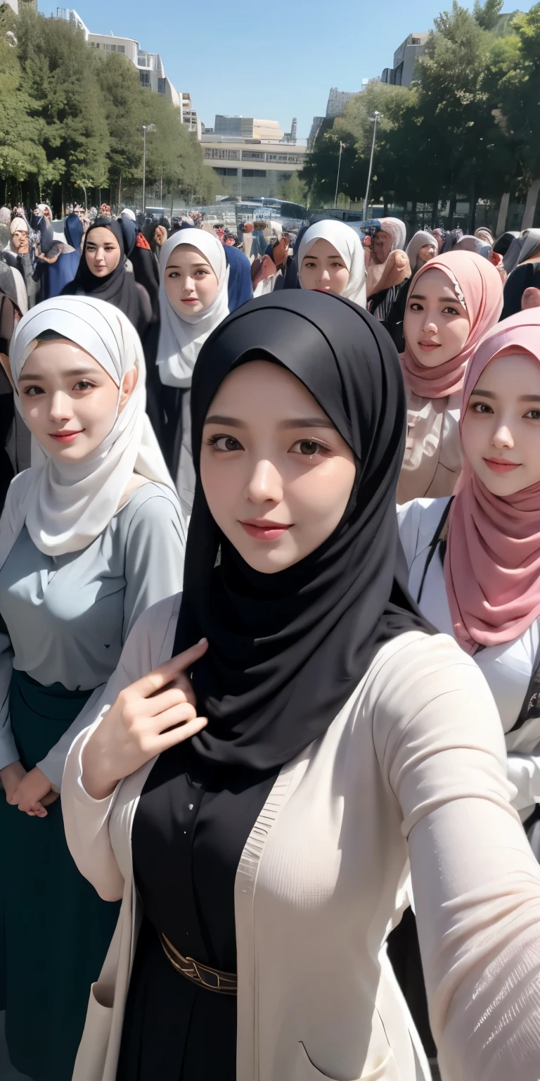 masutepiece, Best Quality, Illustration, Highly detailed, fine detail, high resolution, 8K Wallpaper, Perfect dynamic composition, Many people in hijab, many people's hijab, (three girls in hijab taking front camera photo), many people, Detail of beautiful eyes, Natural Lips , Smiling lips, Hand details, (perfect fingers, no defects), Wearing a Muslim hijab, Muslim gamis clothes, luxurious jubba thobbe, full body photo, view of the blue sky, sunlight, close-up photo, (three girls wearing hijabs taking photos holding the front camera), lots of people wearing hijabs, girls taking photos, showing your big breasts, people wearing hijabs, all the girls holding front cameras