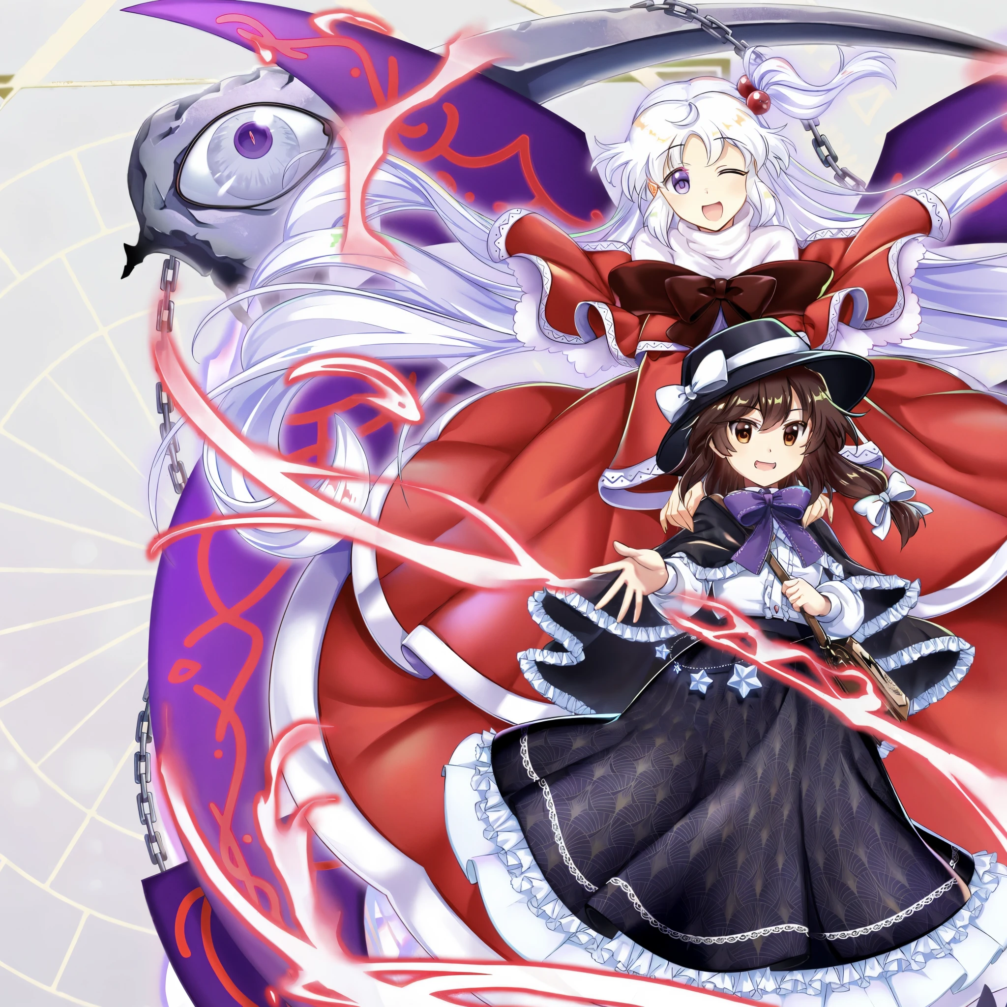 Anime character wearing a red cloak, black dress and purple cloak, from East, East project official artwork, East, East character, East project, official anime artwork, Shalltear Bloodfallen, magical girl anime mahou shojo, official artwork, alchemist girl, official art, symphogear, artistic render of reimu hakurei