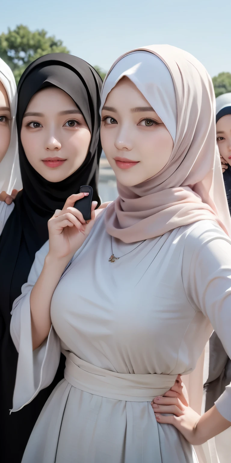 masutepiece, Best Quality, Illustration, Highly detailed, fine detail, high resolution, 8K Wallpaper, Perfect dynamic composition, Many people in hijab, many people's hijab, (three girls in hijab taking front camera photo), many people, Detail of beautiful eyes, Natural Lips , Smiling lips, Hand details, (perfect fingers, no defects), Wearing a Muslim hijab, Muslim gamis clothes, luxurious jubba thobbe, full body photo, view of the blue sky, sunlight, close-up photo, (three girls wearing hijabs taking photos holding the front camera), lots of people wearing hijabs, girls taking photos, showing your big breasts, people wearing hijabs, all the girls holding front cameras