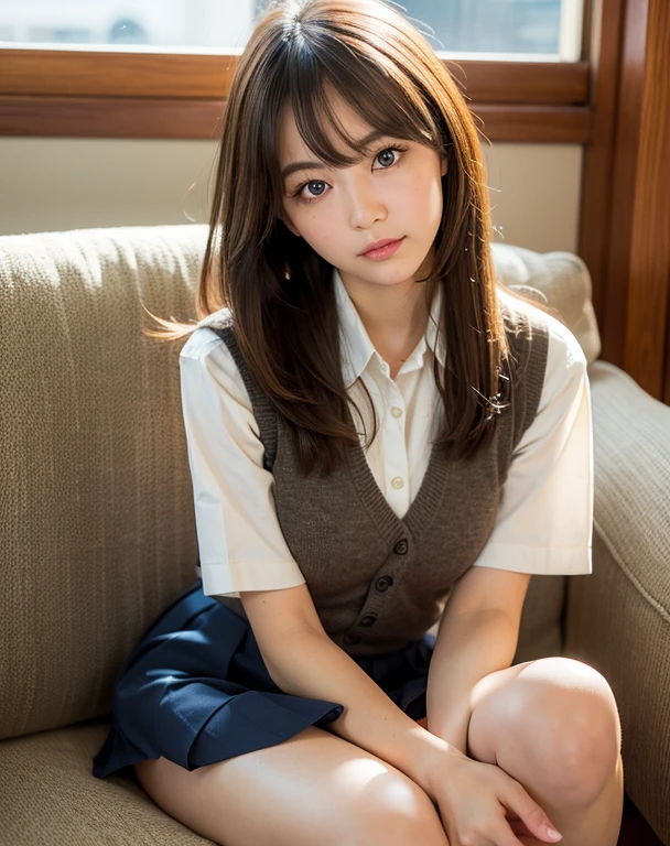 best quality, face focus, soft light, ultra high res, (photorealistic:1.4), RAW photo,
1japanese girl, solo, cute, (pupil, lights in the eyes),  detailed beautiful face, (),(high resolution detail of human skin texture),
(long hair), very large breasts,
sit couch,
school uniform, charcoal vest, skirt,
(upper thigh)