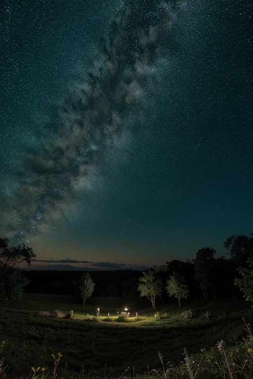 uma floresta com um campo estrelado com estrelas cadentes de noite estilo auqrela
