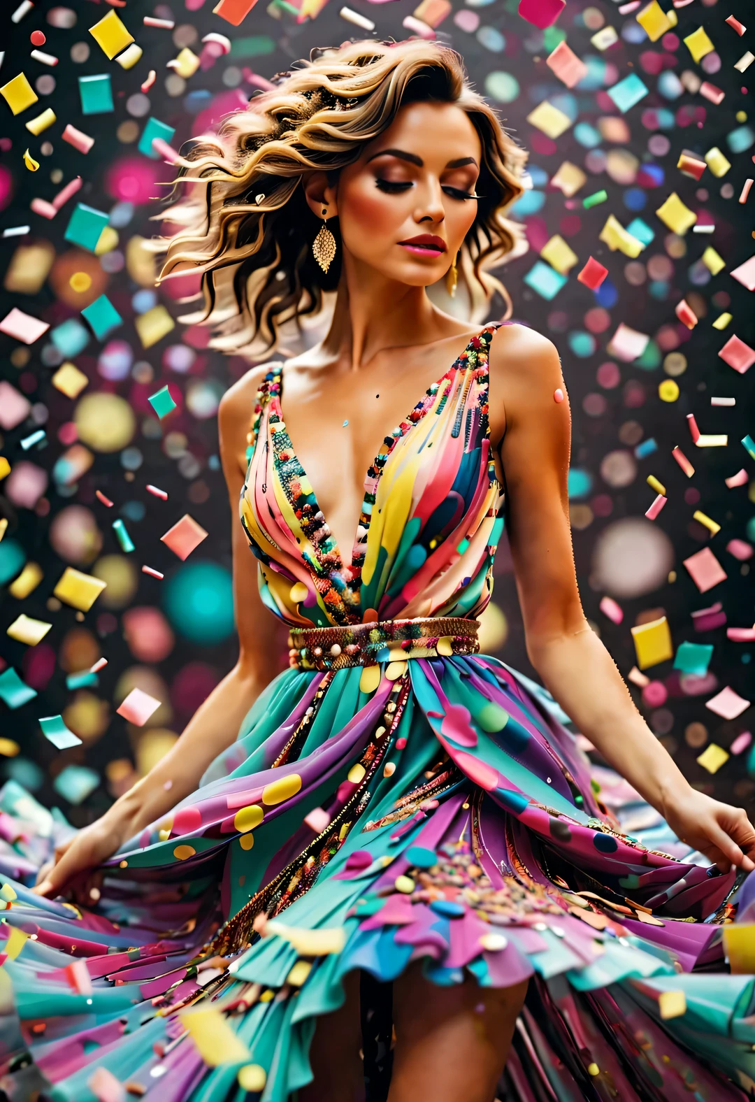 (Confetti dancing with beautiful dress），Alyssa Lazer (Aliza Razell) style, beautiful details，极繁主义style ,