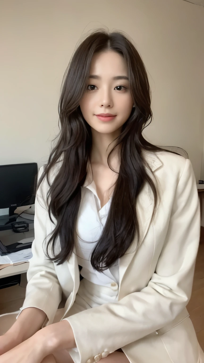 ((top-quality、8k、masterpiece:1.3))、Beautiful woman with perfect body:1.4、slim abdomen:1.2、Longhair, normal breast, Highly detailed facial and skin texture, A detailed eye, delicate eyes, (smile), (full body shot), ((office)), (sitting on chair), (((wearing white uniform, black coats))), looking in front