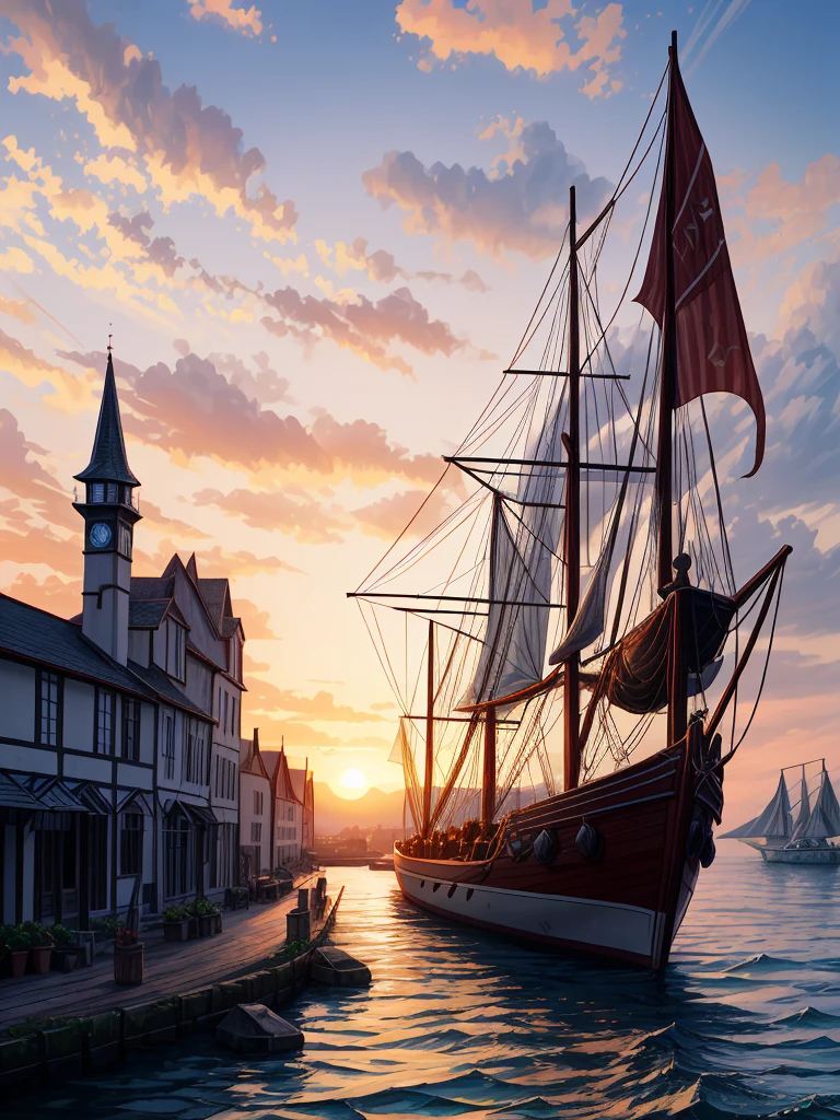 （（（masterpiece、Highest image quality、highest quality、highly detailed unity 8ｋwallpaper）））、（（fantasy、medieval port town））、（wooden sailing ship moored）、sunset