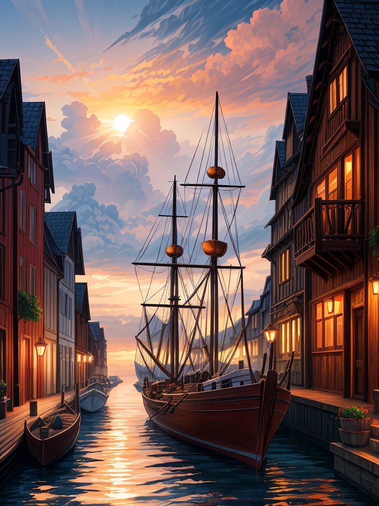 （（（masterpiece、Highest image quality、highest quality、highly detailed unity 8ｋwallpaper）））、（（fantasy、medieval port town））、（wooden sailing ship moored）、sunset