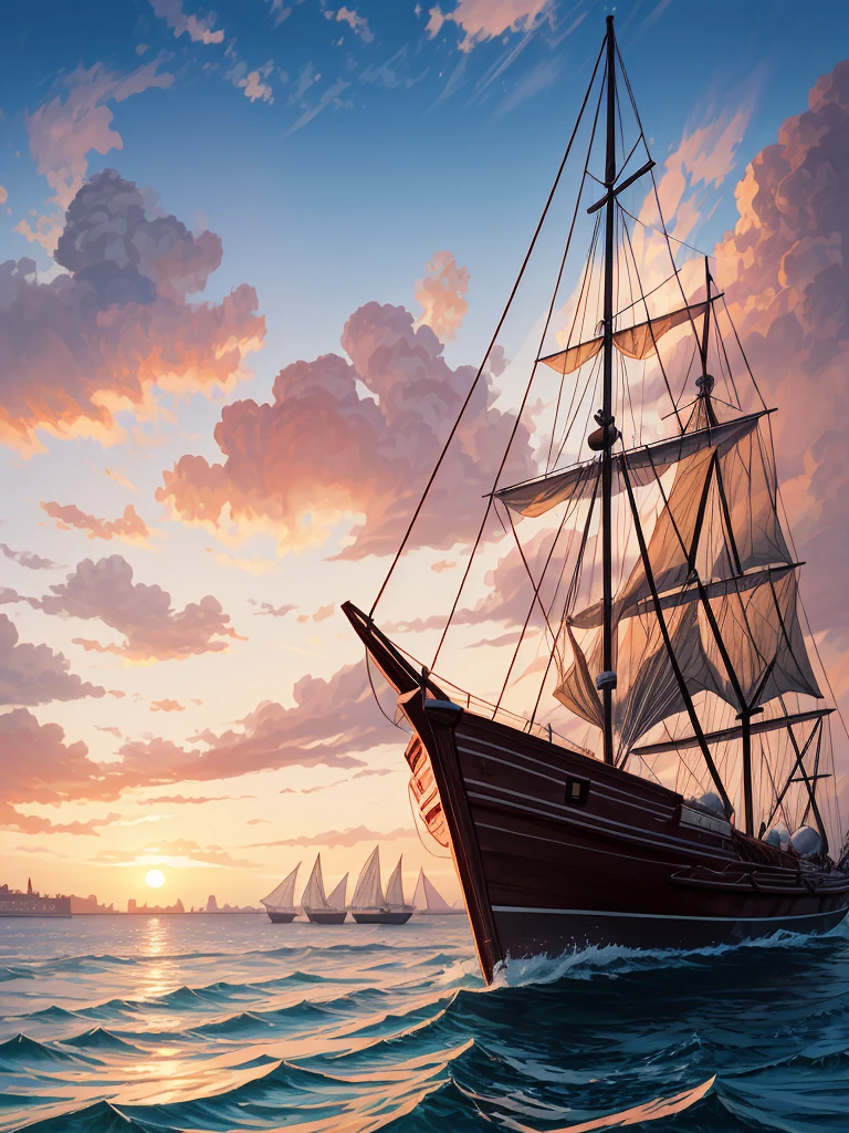 (((masterpiece、Highest image quality、highest quality、highly detailed unity 8kwallpaper)))、((fantasy、medieval port town))、(wooden sailing ship moored)、sunset