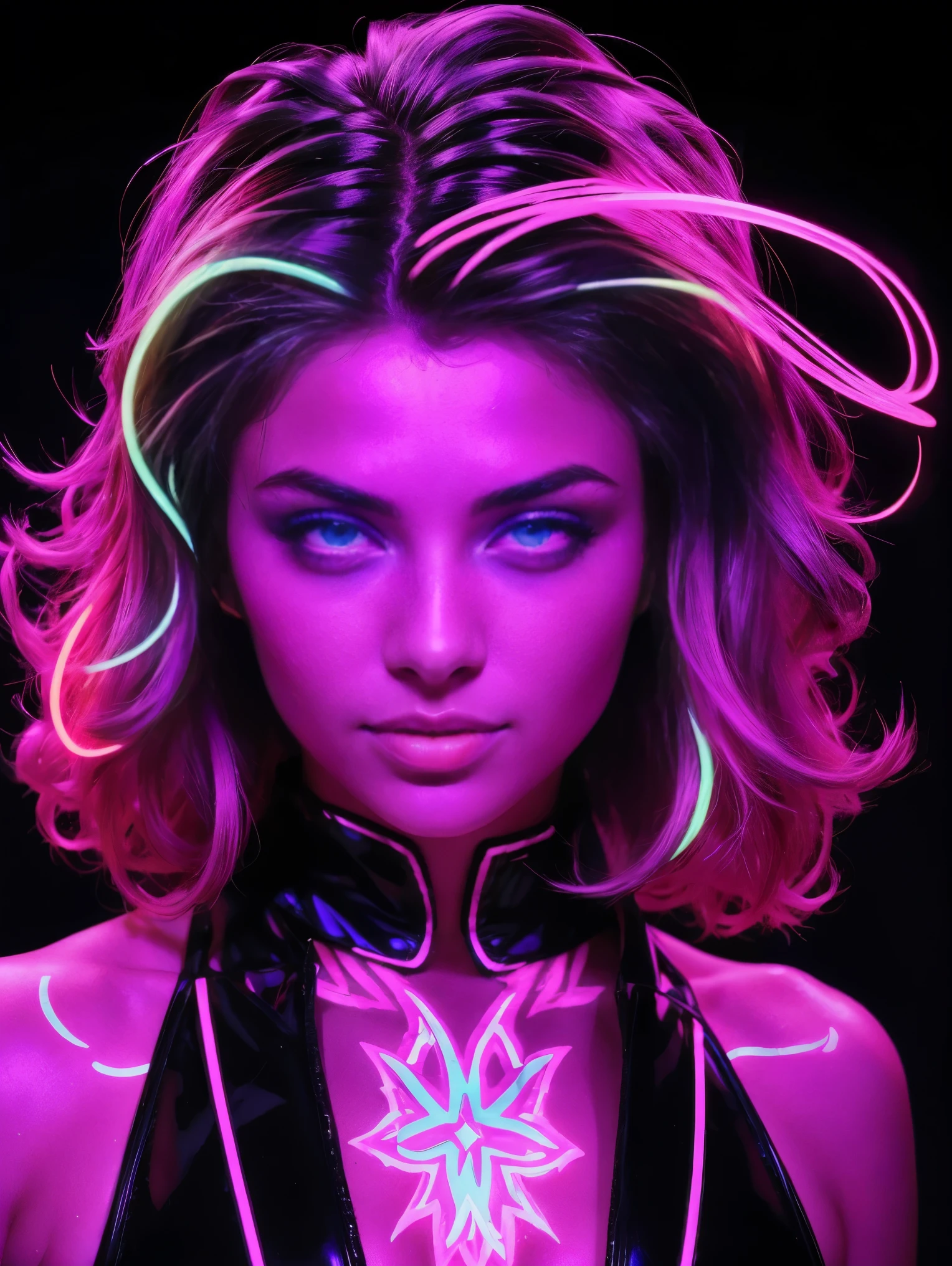 ((Blacklight)) on an ultra hot gorgeous European woman, age 23, she’s a playmate, men magazine model. neon, led ,colorful , glowing eyes , beautiful face ,very beautiful , artistic glowing smoke blended with the hair