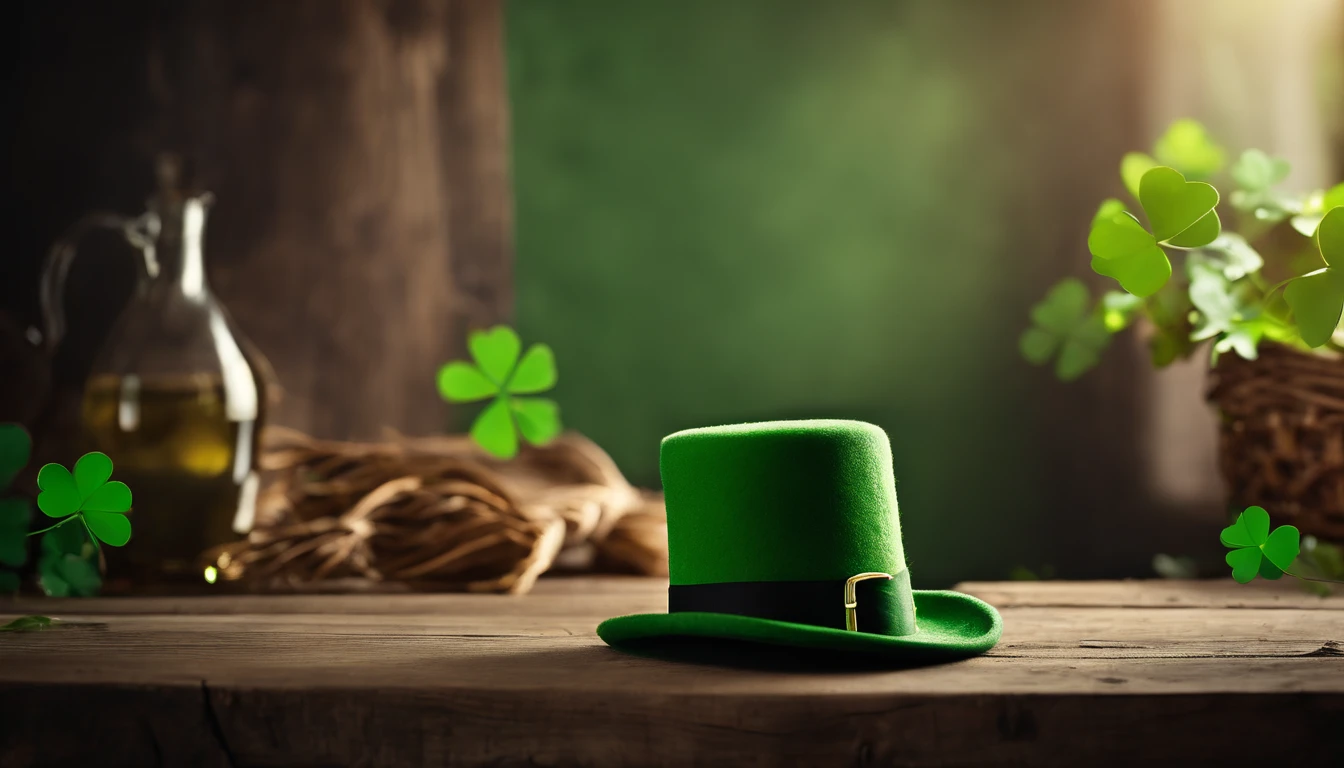 A high-resolution image showcasing a blank St. Patrick’s Day template, with a rustic wooden background, empty spaces for text or graphics, and decorative elements like clovers or Irish flags, providing a warm and inviting setting for personalized designs.