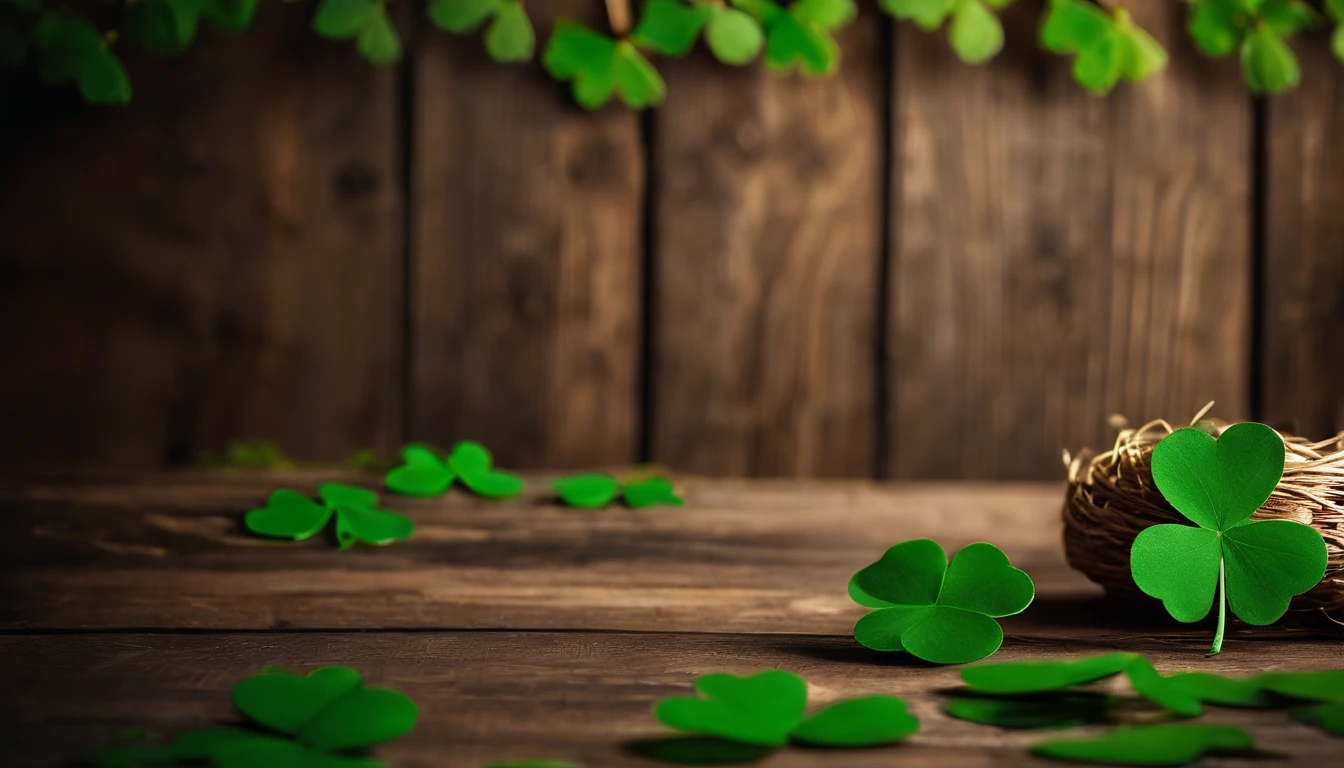 A high-resolution image showcasing a blank St. Patrick’s Day template, with a rustic wooden background, empty spaces for text or graphics, and decorative elements like clovers or Irish flags, providing a warm and inviting setting for personalized designs.