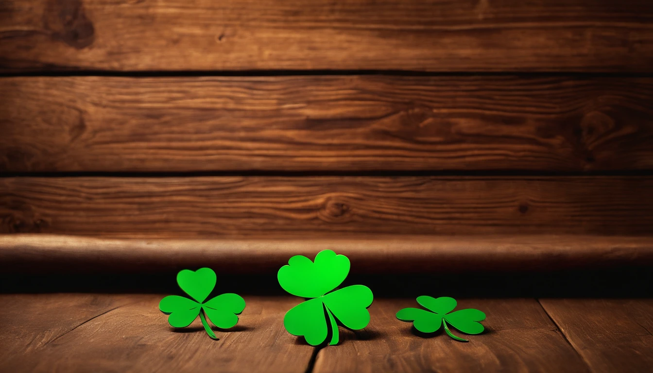A high-resolution image showcasing a blank St. Patrick’s Day template, with a rustic wooden background, empty spaces for text or graphics, and decorative elements like clovers or Irish flags, providing a warm and inviting setting for personalized designs.