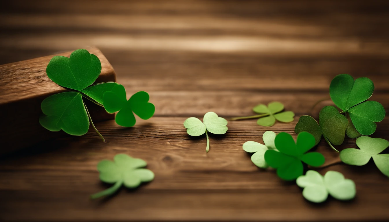 A high-resolution image showcasing a blank St. Patrick’s Day template, with a rustic wooden background, empty spaces for text or graphics, and decorative elements like clovers or Irish flags, providing a warm and inviting setting for personalized designs.