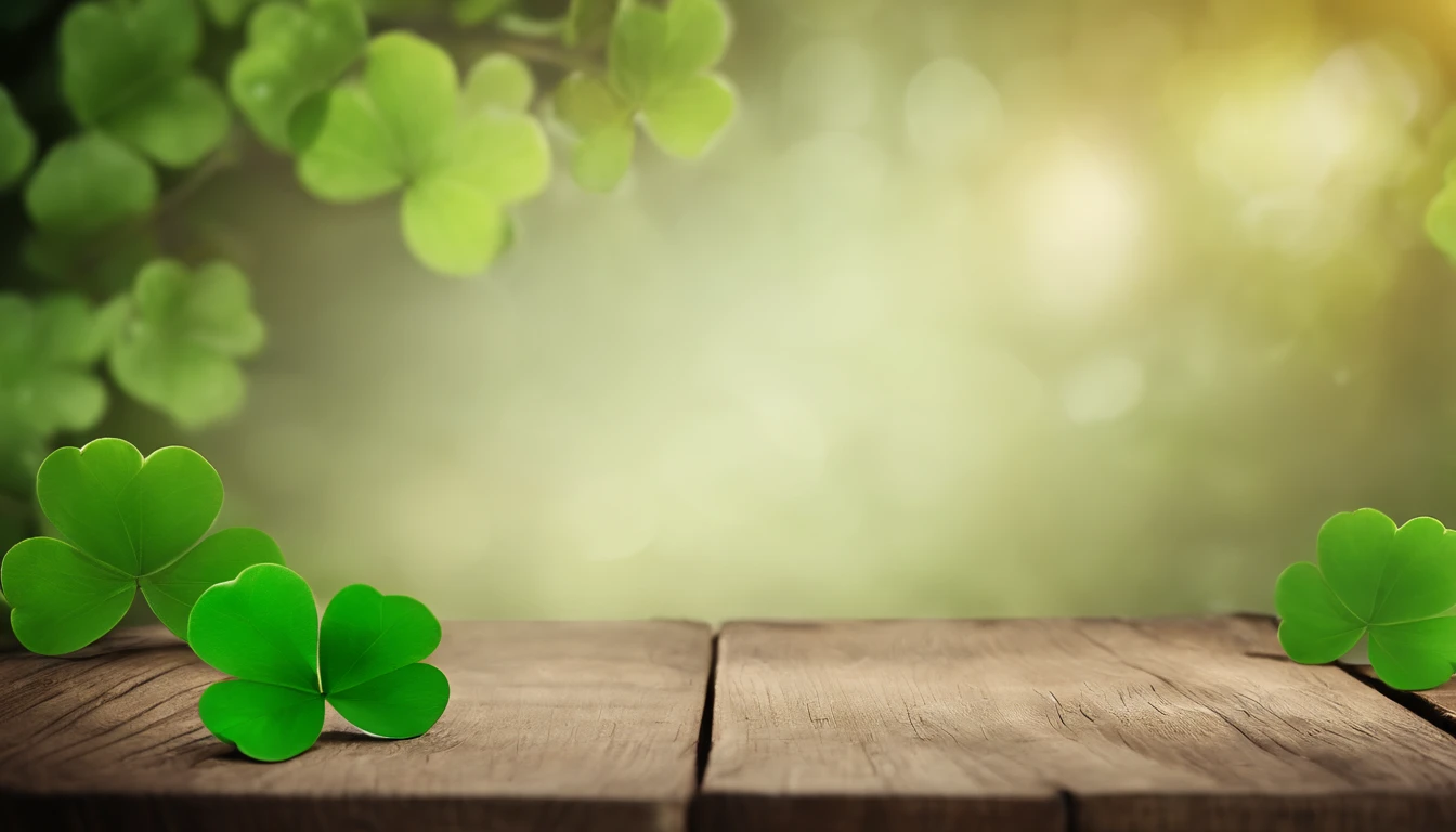 A high-resolution image showcasing a blank St. Patrick’s Day template, with a rustic wooden background, empty spaces for text or graphics, and decorative elements like clovers or Irish flags, providing a warm and inviting setting for personalized designs.