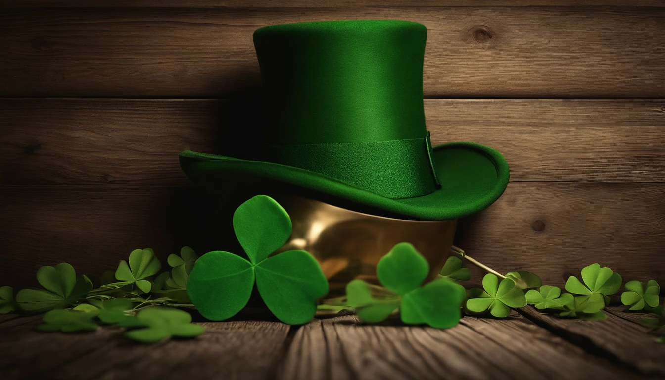 A high-resolution image showcasing a blank St. Patrick’s Day template, with a rustic wooden background, empty spaces for text or graphics, and decorative elements like clovers or Irish flags, providing a warm and inviting setting for personalized designs.