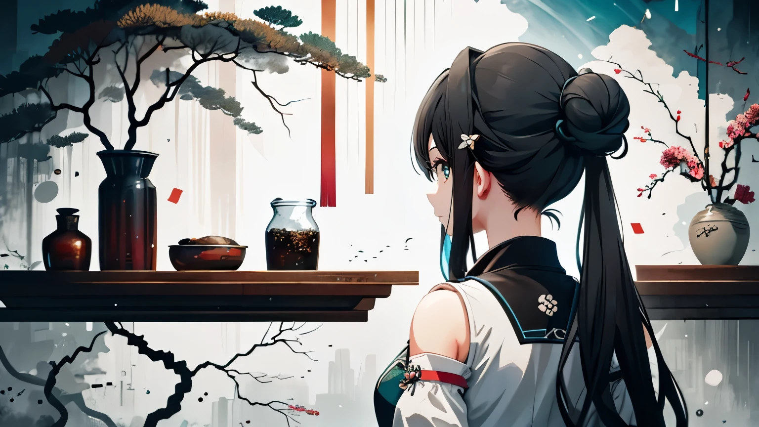 illustration of girl in scientist laboratory, interior, black hair, beakers, tools, facing away, back turned, sad expression, thinking expression, raining, mourning, equipment, not looking at camera, upper body, Chinese dress, qipao, turquoise eyes, black hair, tied hair, bun, biology, ink smudges, inky, abstract, Chinese aesthetic, Absurd, high resolution, ultra-detailed, (1 girl:1.3),