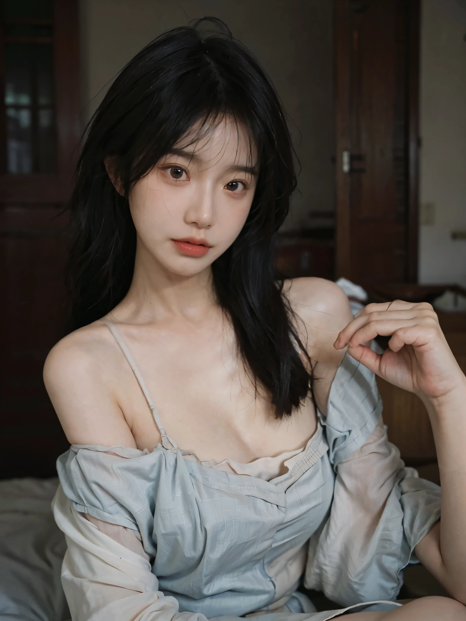 Film portrait photography, 1 girl, bare shoulders, Shoulder length wavy hair, serene, calm, (Realistic and detailed eyes, natural skin texture, Realistic facial details), Soft dramatic lighting, depth of field, Bokeh,cleavage，大cleavage， Vibrant details, Detailed and detailed, surreal, 35mm film, hazy, ,