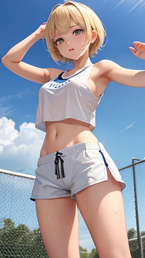 michishio,lovelive!,anime nose, anime mouth,cute girl, round face, alone , Slim , medium breasts , short and small,Pure white tube top T-shirt,No background , White background , looking at the audience,Fluid between thighs、flowing liquid、exposed、disheveled、Clothing that fits snugly,Chest contour、(((Wet clothing))),tube top，(((ultra-thin clothing))),(Body model),((body outline)),grinning, blush,Hyperactive expression,(crotch display),
