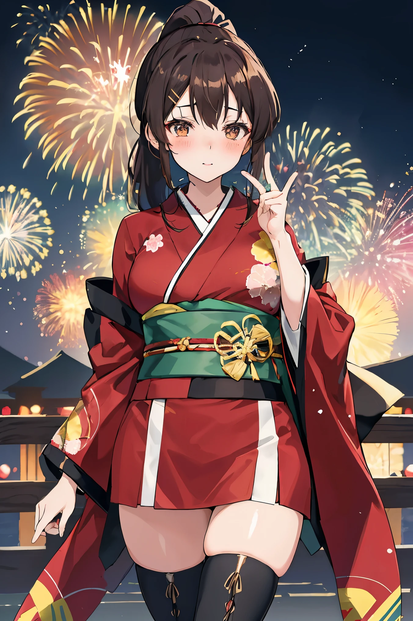 "anime girl, 1 person, dark brown hair, ponytail, ponytail, hairpin, brown eyes, kimono, dark brown kimono, elaborate patterned outfit, stockings, large breasts, blushing , solo, view from different directions, night, festival, New Year's Eve fireworks, watch fireworks (full HD Image 4K+)"