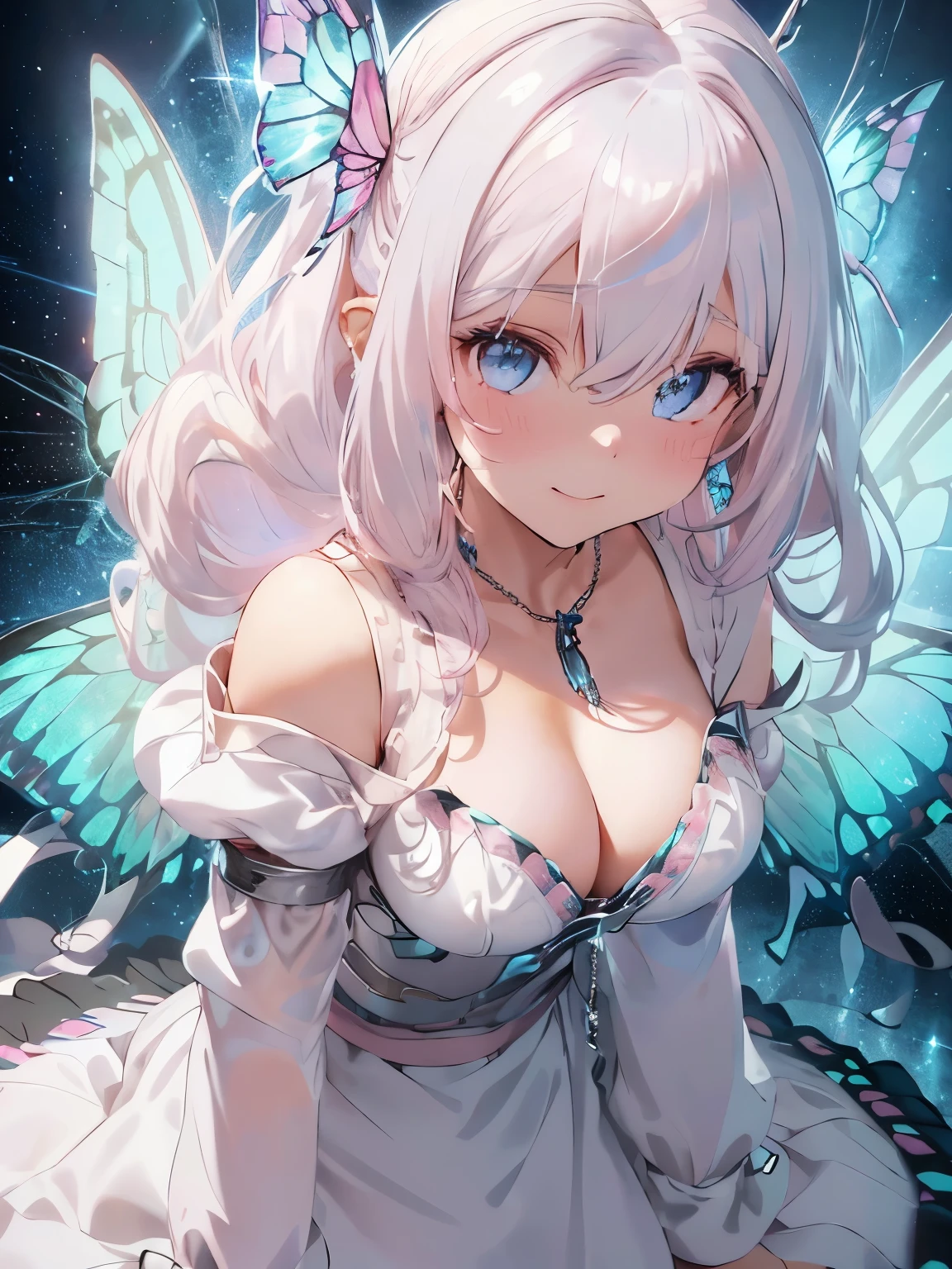 (character//1 girl,((slightly pink white hair:1.2)),(With bangs),(long hair),(Hair with only the tips curled:1.3),BREAK ((blue eyes)),(The inside of your eyes is so clear and beautiful),((small breasts:1.3)),(cleavage:1.3),(slight blush),(A smile that looks like it was made for you),BREAK (fashion//((android:1.2)),((machine body)),(Blue and silver armor dress like a warrior maiden),(voluminous skirt:1.2),Off-the-shoulder long sleeves,(chain necklace and jewelry),The cuffs of the sleeves are soft),((Transparent butterfly wings on the back)),BREAK (background//A fantasy space where butterflies fly around),(close up of face),(Beautiful with diffused reflection of light:1.3),BREAK pose//((combat readiness:1.2))