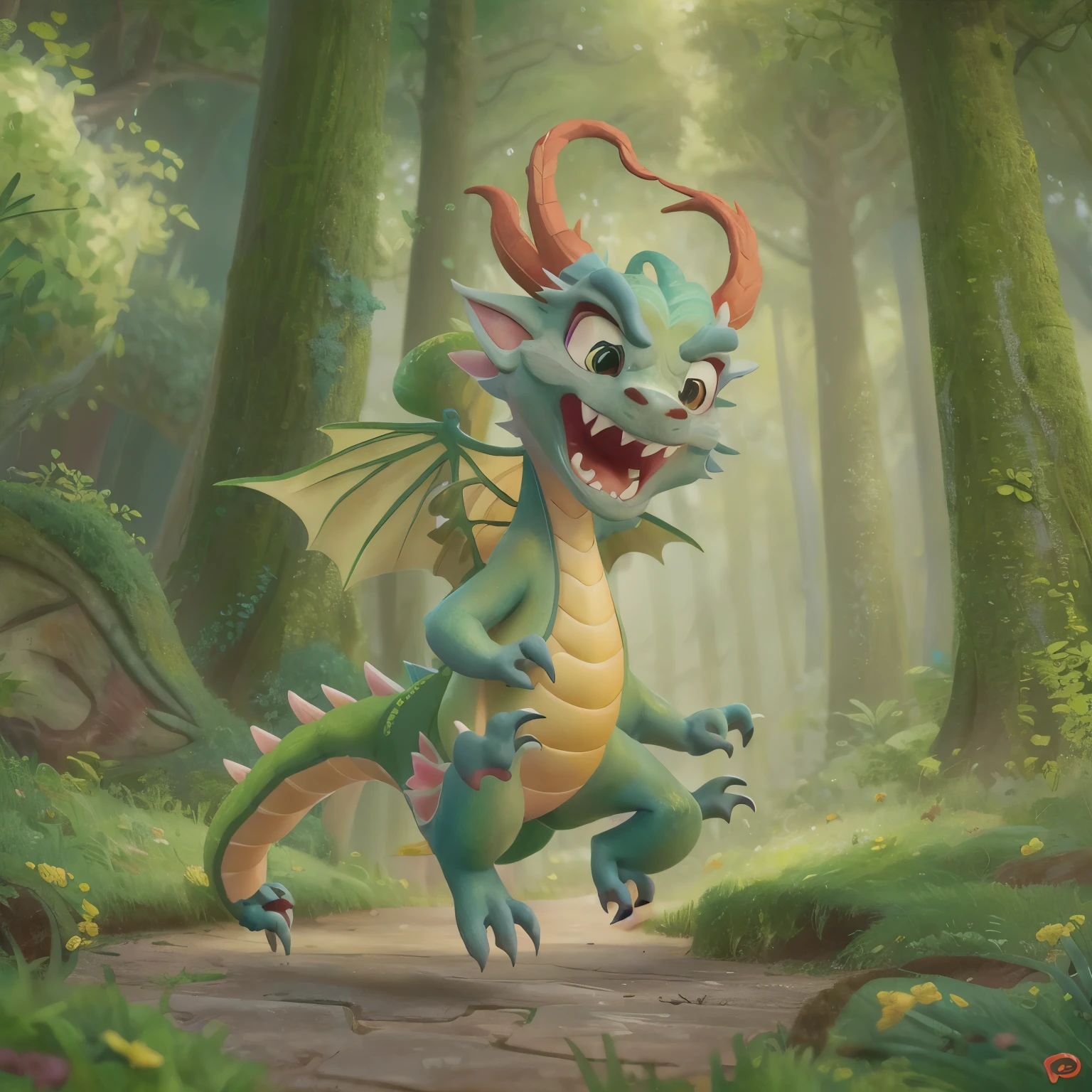 one cute Chinese dragon, skipping in the forest, Disney Pixar style