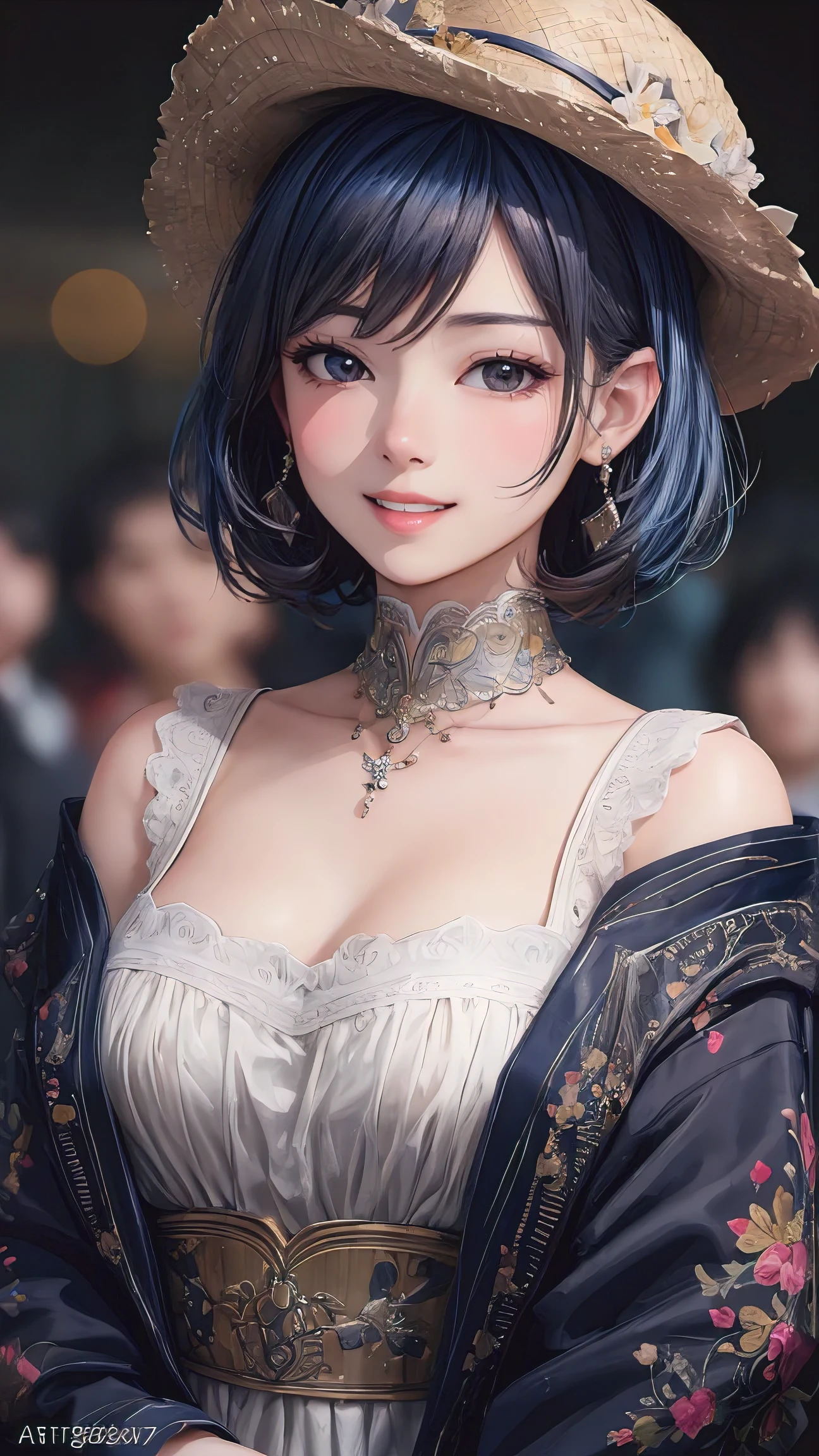 Masterpiece, best quality, high quality, very detailed CG uniform 8k wallpaper, 1girl, solo, blue hair, tattoo, short hair, hat, jewelry, smile, necklace, looking at the audience, hat, realistic, open mouth, teeth, upper body, vest, nose, bare shoulders, artist name, black tiara, collarbone, arm tattoo, blue eyes, lips, blur, oil painting, award winning photography, bokeh, depth of field, HDR, bloom, chromatic aberration, realism, very detailed, artstation Intricate, High Detail, dramatic, art by midjourney