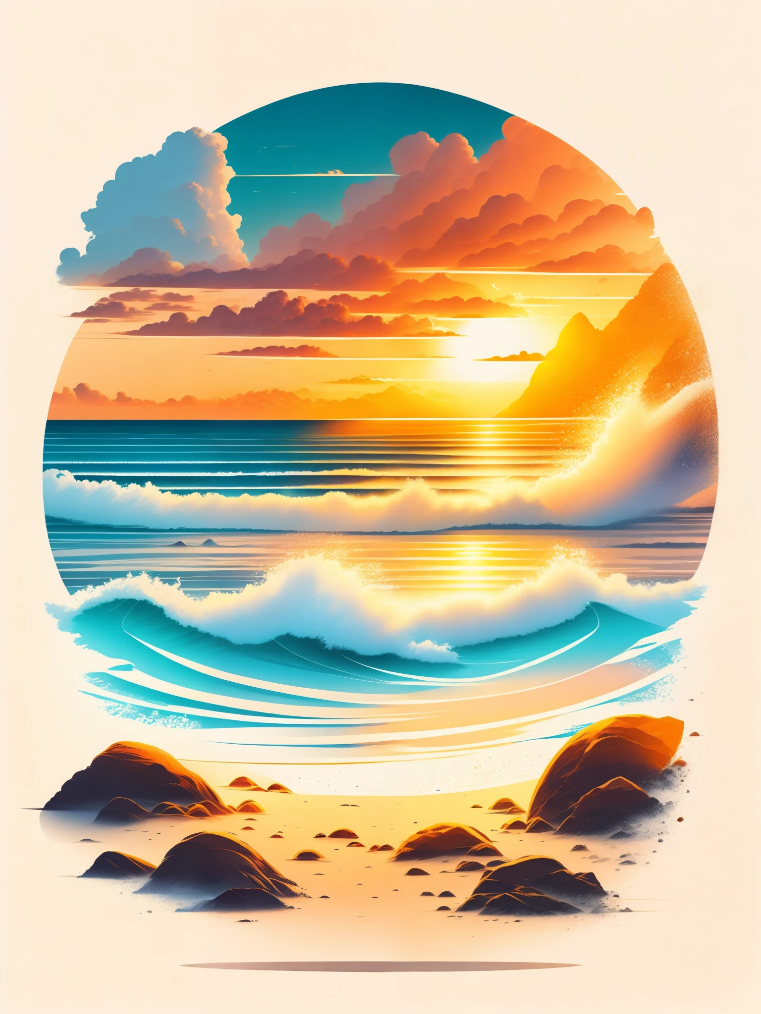 Sunset on the beach, white sand, epic composition, t-shirt design, rzminjourney, vector art