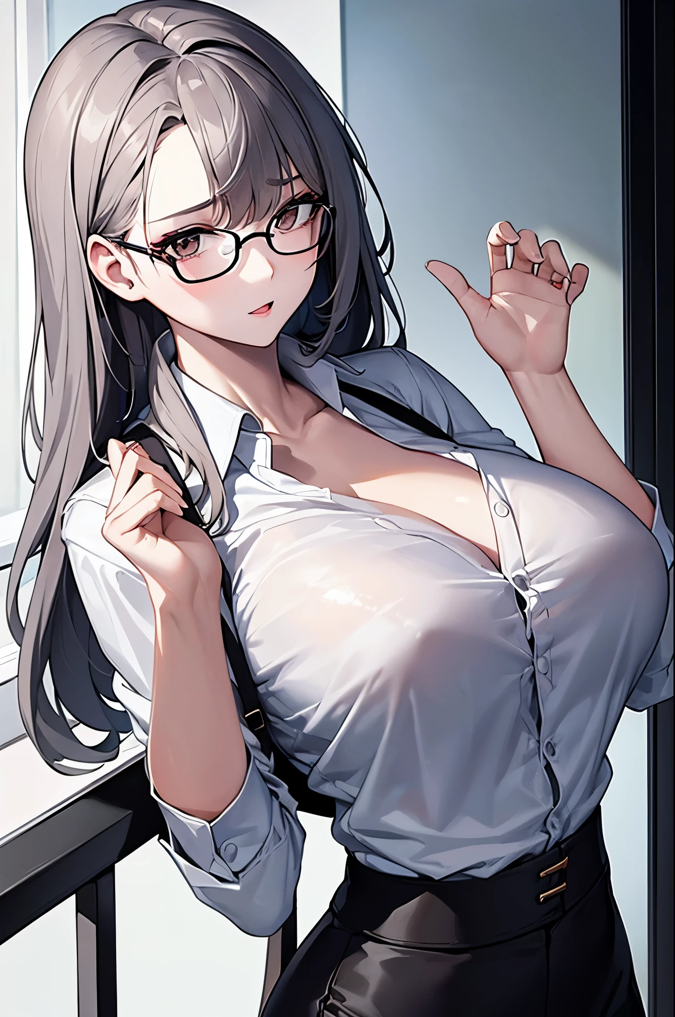 1 girl, beautiful, charming, cute, pale skin, beautiful, double eyelid, grey hair colour, straight wavy hairstyles, soft hair, brown eyes, wearing white open wide button shirt with and tight black skirt perfect body figure, big ??????, slim waist, shiny skins, at office, High Quality Picture, photoshoot, looking at the viewer, front viewer photoshoot, RAW photo, perfect hands, High Definition Colour, 8k wallerpaper, poses focus, eyeglasses 